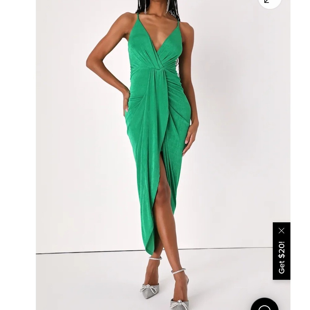 Lulus Dreamy Date Green Surplice Midi Dress Tulip Wrap Drape Strappy Small S - Picture 11 of 12